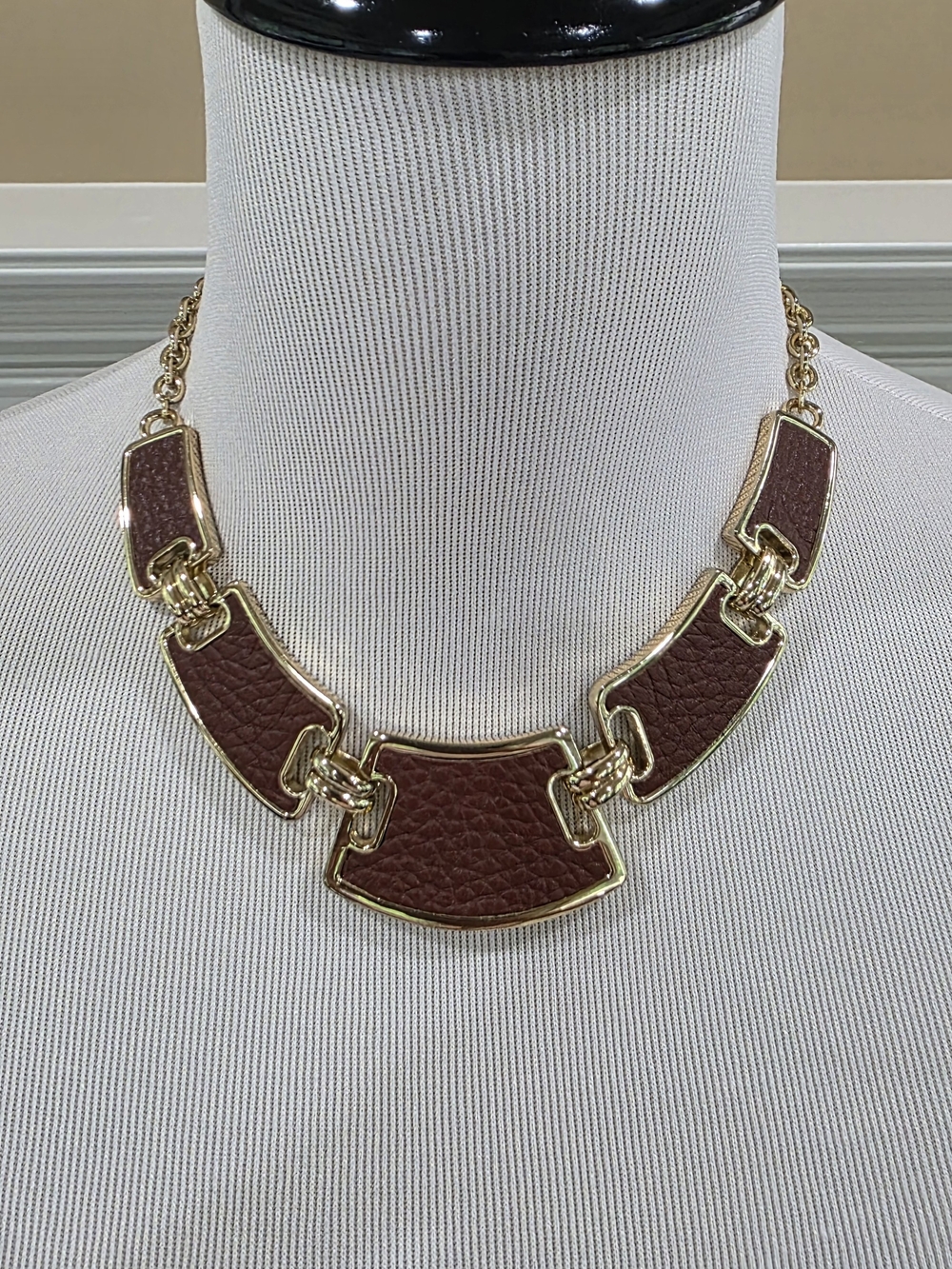 White House Black Market Gold-Tone Necklace w/ Brown Leatherette. Bonus Bracelet